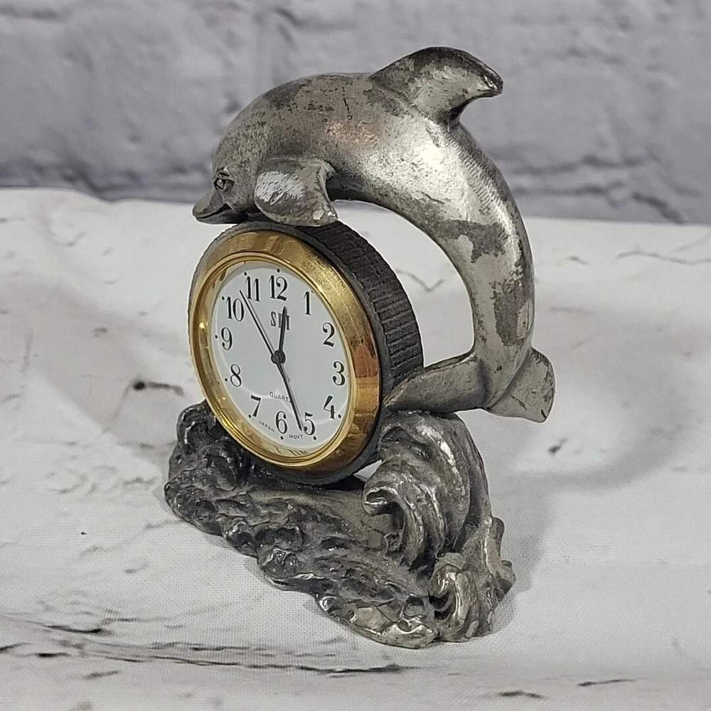 Vintage‎ Pewter Quartz Desk Clock Dolphin Figural Coastal Motif Flaw-Non Working